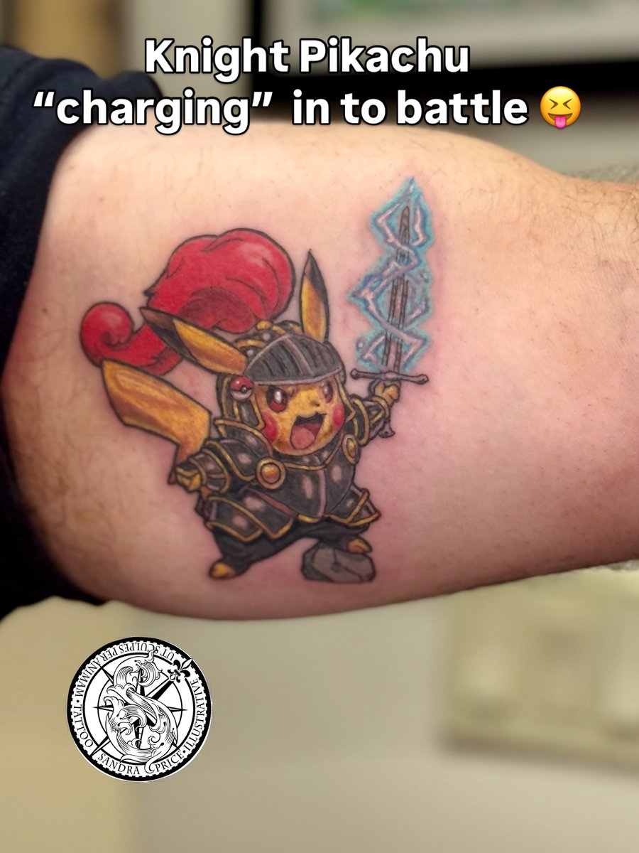 A colorful tattoo of Pikachu dressed as a knight with a sword on the arm, featuring a whimsical and bold illustrative style — by Sandra Price, los angeles