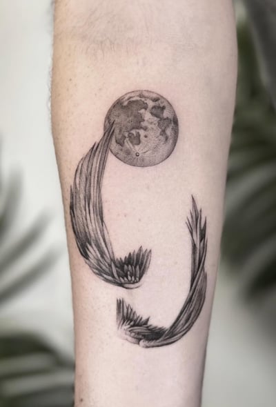 A fine line black and grey tattoo of two koi fish swimming around a moon on the forearm, featuring delicate linework and shading — by Jian Liang, los angeles