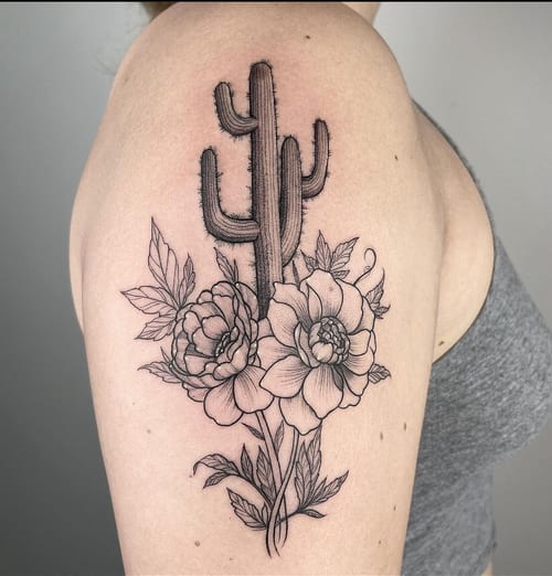 fine line cactus with flowers tattoo — by Vince Espinoza, los angeles