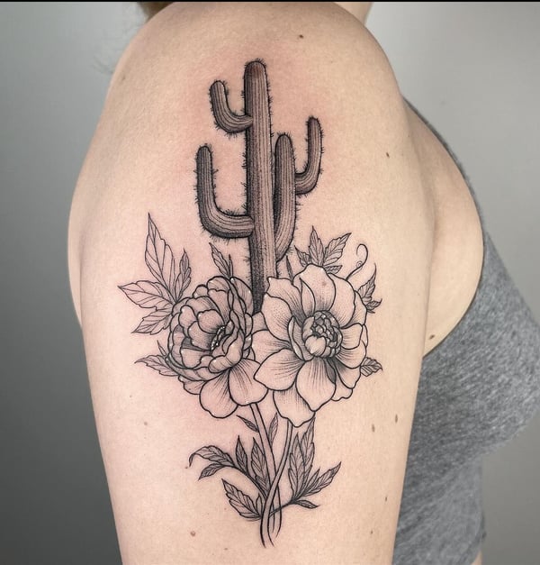 fine line cactus with flowers tattoo — by Vince Espinoza, los angeles