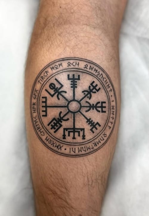 A black and grey tattoo of a circular symbol with runic script around it, located on the calf. The design features intricate linework and a bold blackwork style — by otaybeatdown, los angeles