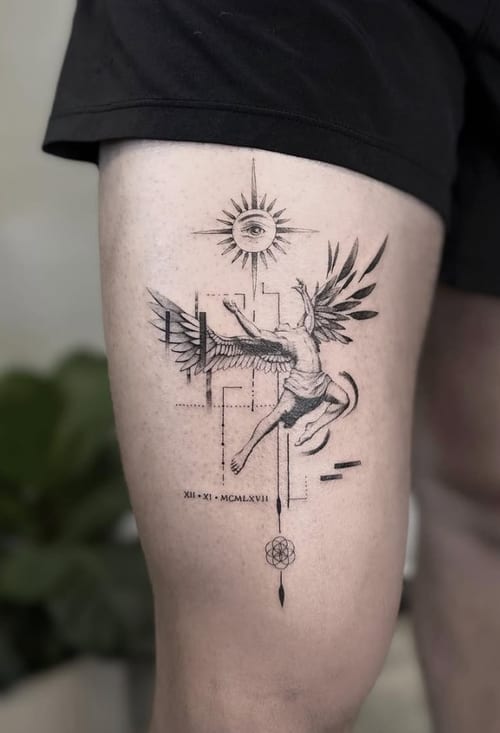 A black and grey geometric tattoo on the thigh featuring an angel with wings and a sun above, incorporating fine lines and intricate details — by Jian Liang, los angeles