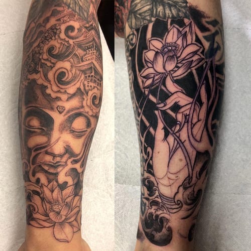 A black and grey tattoo of Buddha with a lotus flower on the forearm, featuring intricate Japanese style elements — by Sandra Price, los angeles