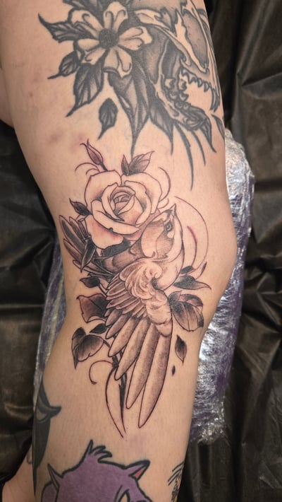 A black and grey tattoo on the thigh depicting a realistic bird with roses and floral elements, featuring detailed shading and linework — by Dretty, los angeles
