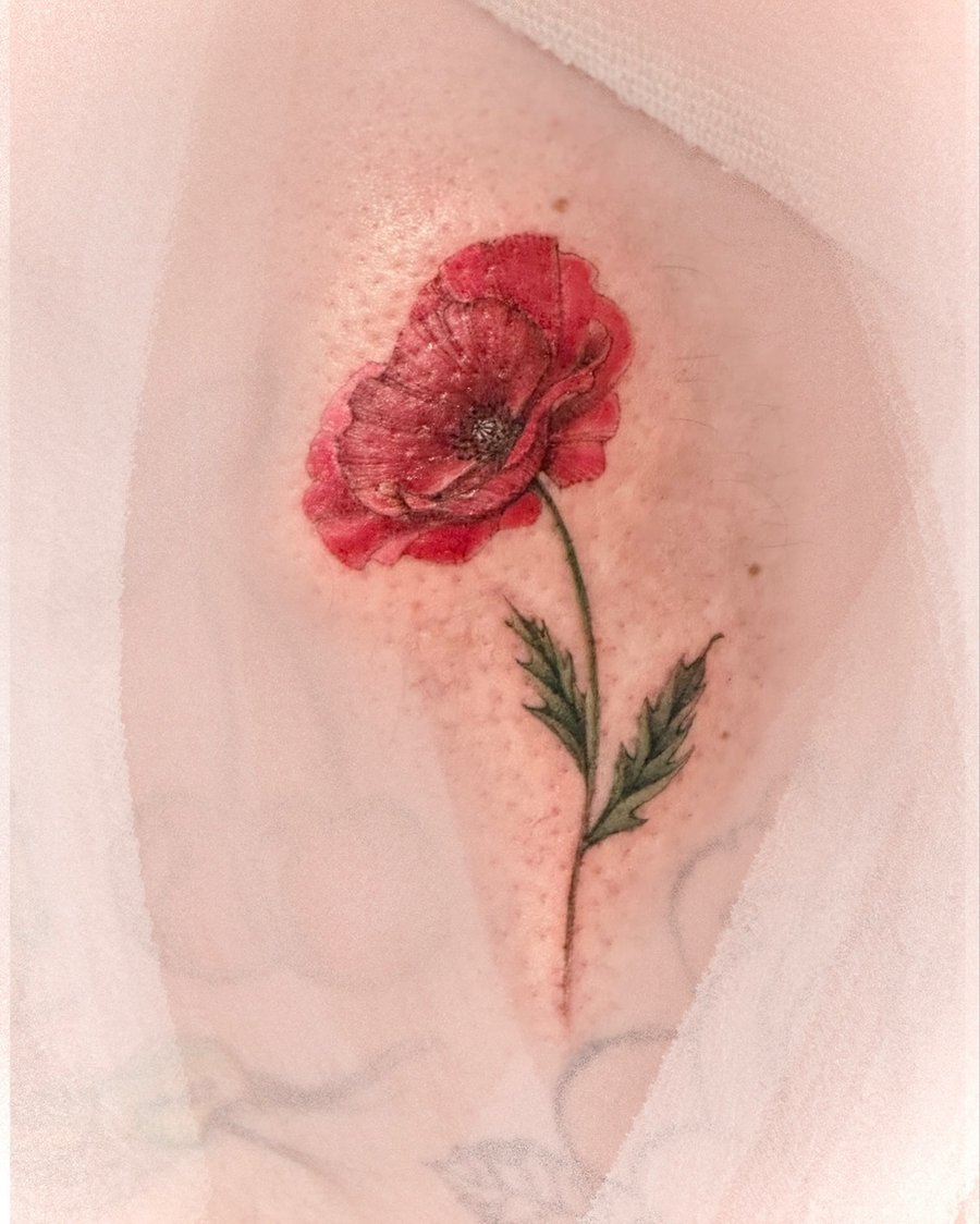 A delicate color poppy flower tattoo on the arm with fine line details and vibrant red petals — by Melanie Benoit, los angeles