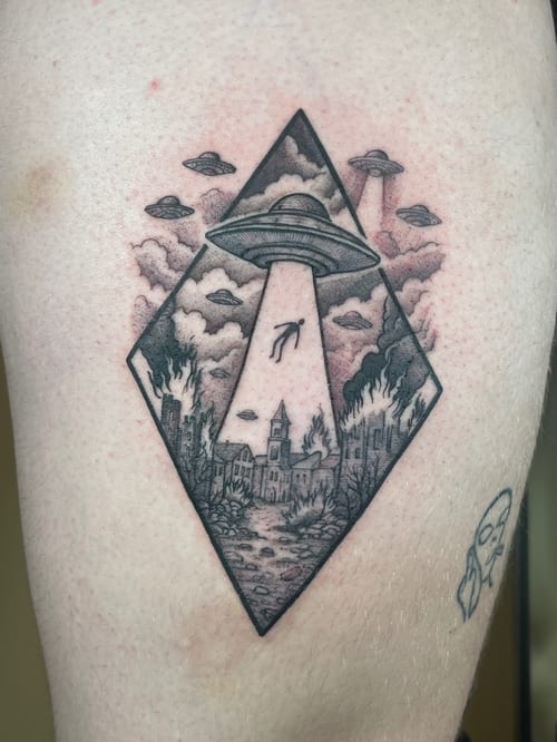 black and grey ufo abduction scene over a burning town framed in a diamond — by vince espinoza, los angeles