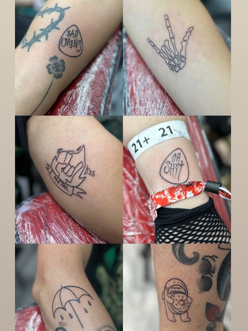 A collection of small fine line tattoos including script and a skeleton hand — by Maddie Ramirez, los angeles