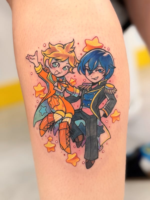A colorful anime-style tattoo of two characters surrounded by stars on the leg, featuring vibrant colors and a playful design — by Tweetwee, west covina, ca