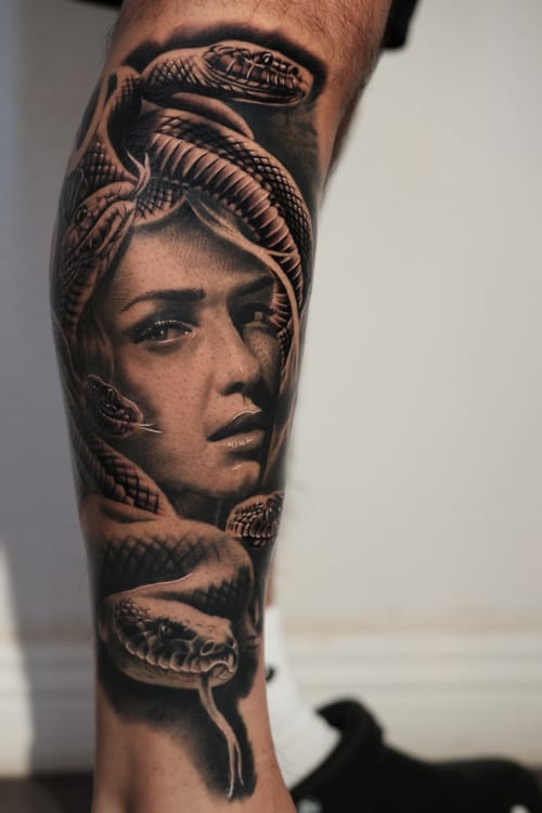 realism woman with snakes tattoo — by Johnny Ayala, los angeles