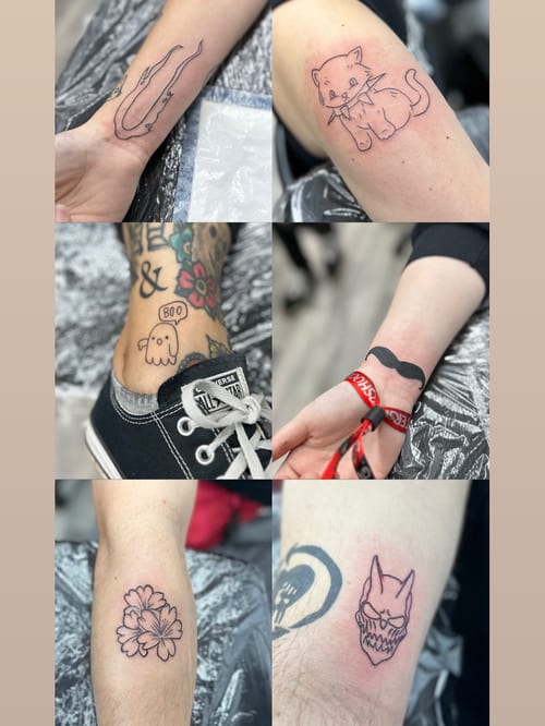 A collection of small minimalist tattoos on the arm, including a cat, flowers, ghost, and skull — by Maddie Ramirez, los angeles
