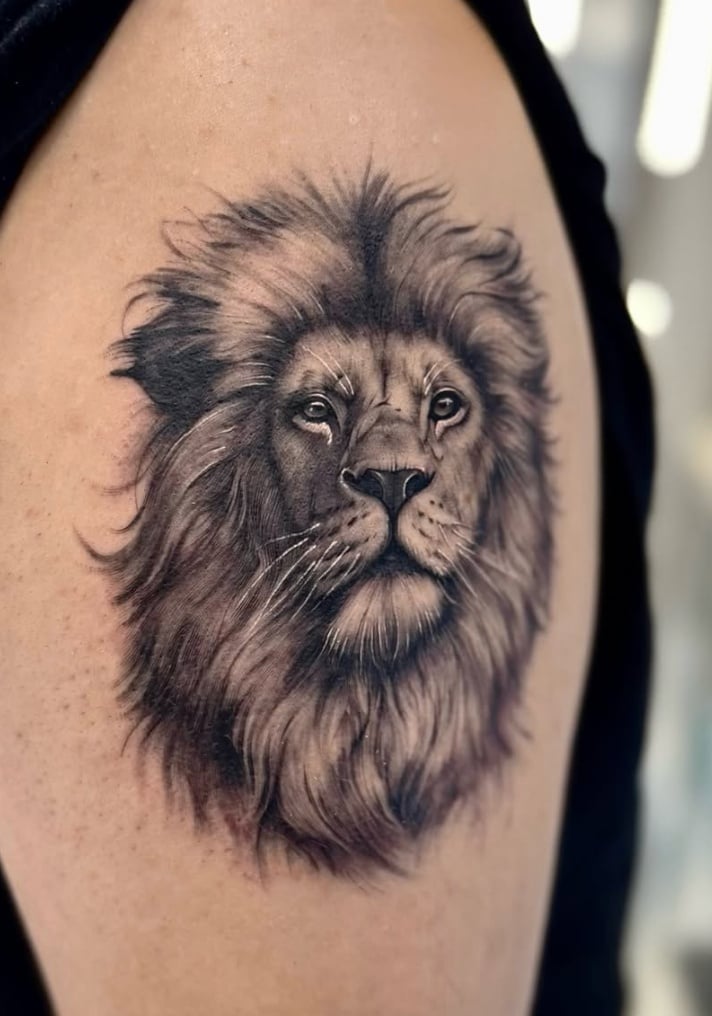 A realistic black and grey lion portrait on the upper arm, showcasing detailed fur and expressive eyes — by otaybeatdown, los angeles