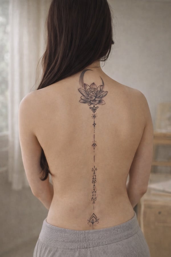 A fine line black and grey ornamental tattoo along the spine featuring a lotus flower and crescent moon at the top with intricate decorative elements extending downward — by gloria.shi.ink, alhambr…