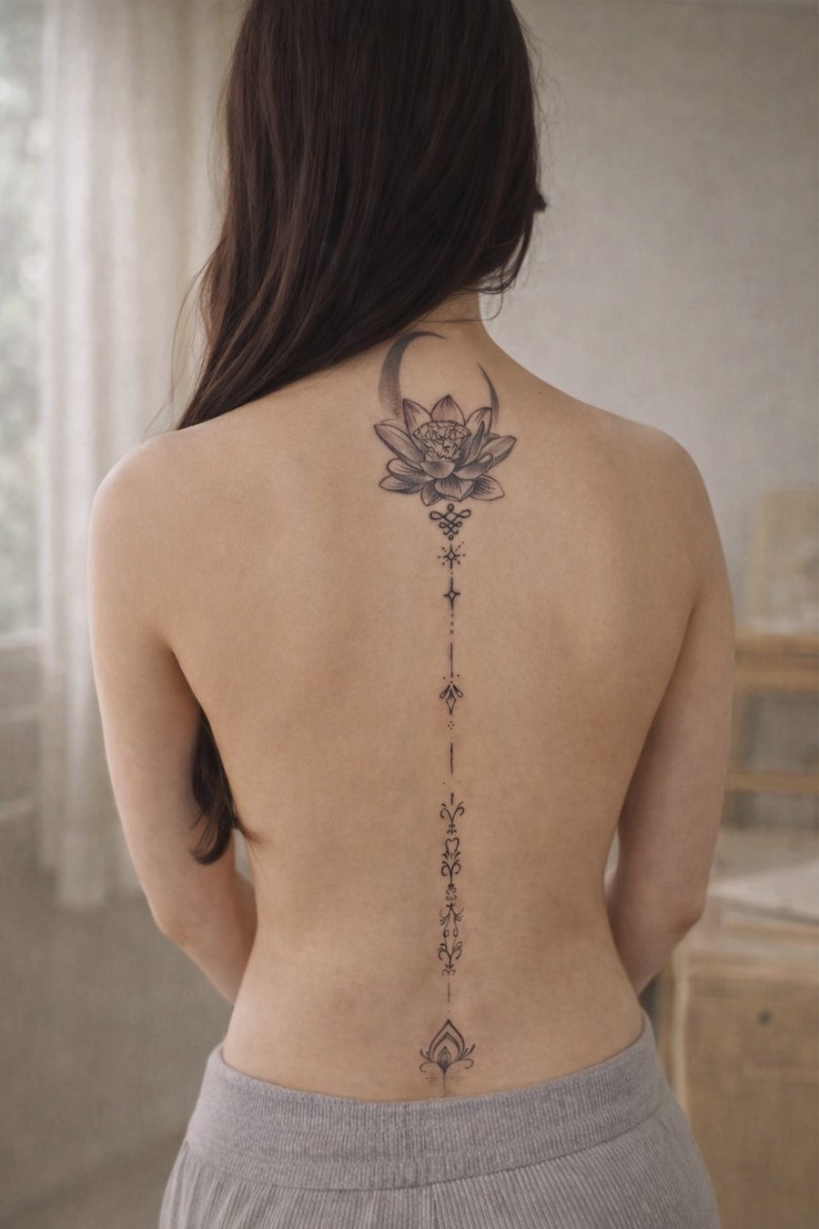 A fine line black and grey ornamental tattoo along the spine featuring a lotus flower and crescent moon at the top with intricate decorative elements extending downward — by gloria.shi.ink, los ang…