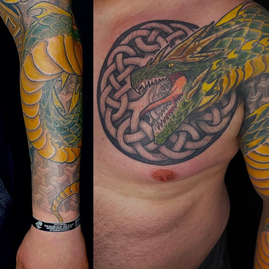 A bold and colorful dragon tattoo on the chest with a Celtic knot background, extending onto the arm — by Sandra Price, los angeles