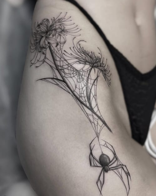 A black and grey linework tattoo on the upper arm featuring a spider and web intertwined with flowers, showcasing intricate details and fine lines — by Jian Liang, los angeles