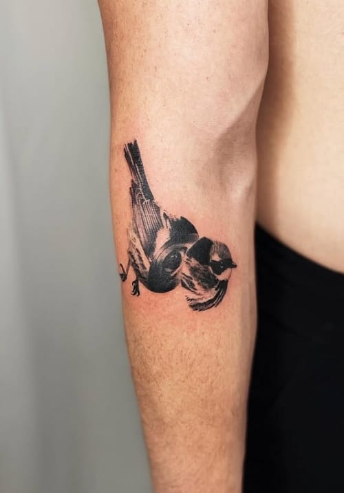 A black and grey realistic depiction of a bird on the forearm, showcasing detailed feather work and shading — by Level tattoo, los angeles