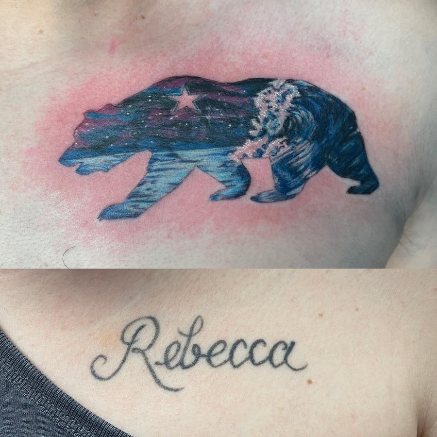 A colorful illustrative tattoo of a bear filled with a galaxy scene, featuring stars and waves, in a watercolor style — by Sandra Price, los angeles