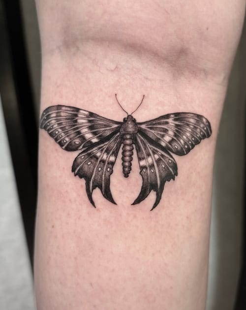 A detailed black and grey butterfly tattoo on the forearm, featuring fine line work and intricate patterns on the wings — by Shelby Bianco, los angeles