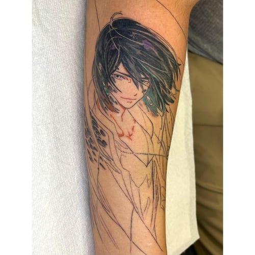 A colorful anime character tattoo on the forearm with a graphic style and vibrant colors — by Sandra Price, los angeles