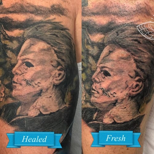 A realistic color portrait of Michael Myers from a horror movie on the arm, featuring detailed shading and a dark atmosphere — by Sandra Price, los angeles