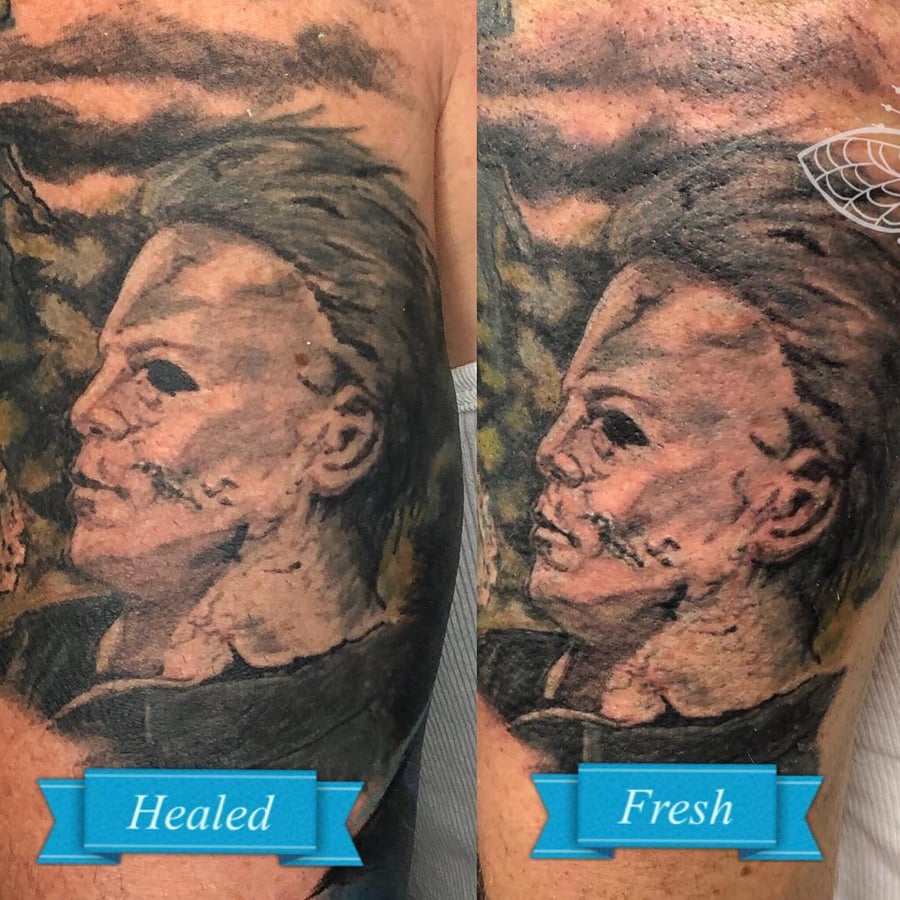 A realistic color portrait of Michael Myers from a horror movie on the arm, featuring detailed shading and a dark atmosphere — by Sandra Price, los angeles