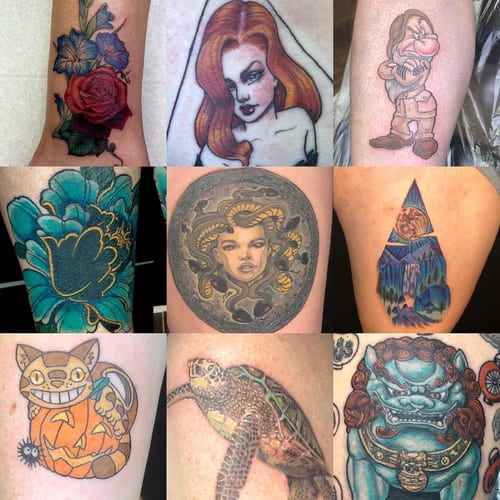 A collage of various tattoos including a traditional rose, a neo-traditional portrait, a mythological Medusa, a landscape, and a colorful turtle — by Sandra Price, los angeles