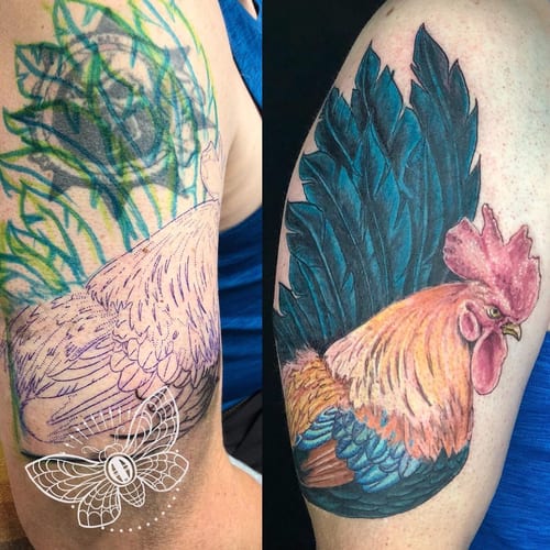 A vibrant and realistic rooster tattoo on the upper arm, showcasing bold colors and detailed feather work — by Sandra Price, los angeles