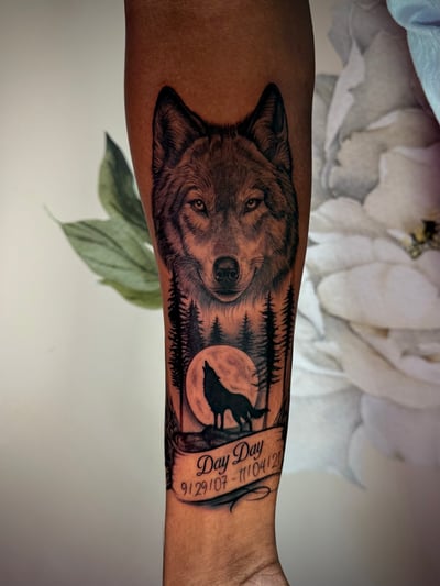 realism wolf and moon tattoo — by emily, los angeles