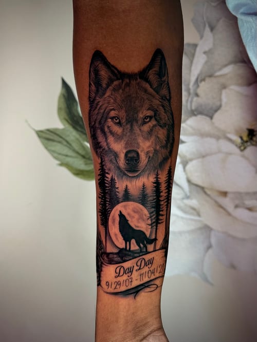 realism wolf and moon tattoo — by emily, los angeles