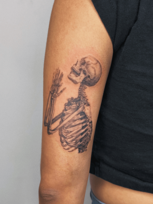 realism praying skeleton tattoo — by lunayflorestattoo, los angeles