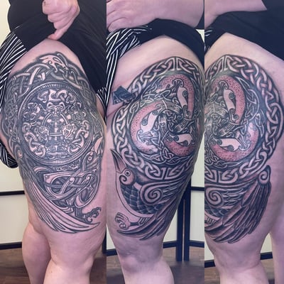 An ornate black and grey Celtic knotwork tattoo featuring a bird on the thigh, with intricate detailing and bold lines — by Sandra Price, los angeles