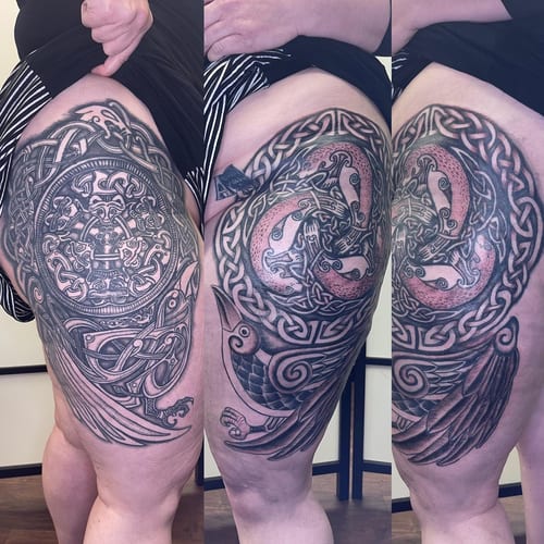 An ornate black and grey Celtic knotwork tattoo featuring a bird on the thigh, with intricate detailing and bold lines — by Sandra Price, los angeles