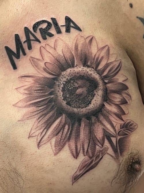 A realistic black and grey sunflower tattoo on the chest with the name 'Maria' in bold script above it — by Josue Bravo, los angeles