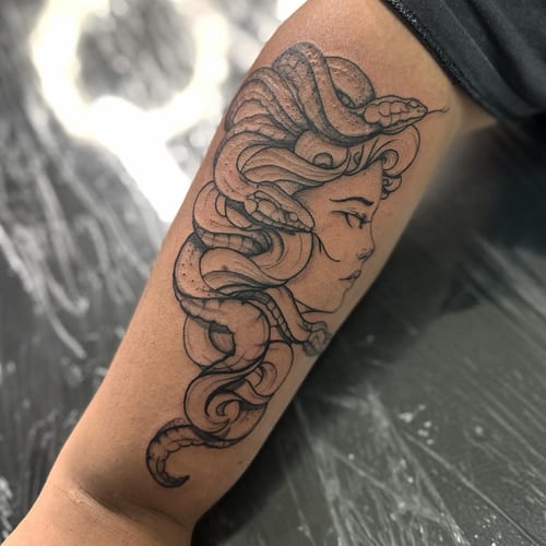 A black and grey Medusa tattoo on the forearm with fine line details and snake hair — by Maddie Ramirez, los angeles