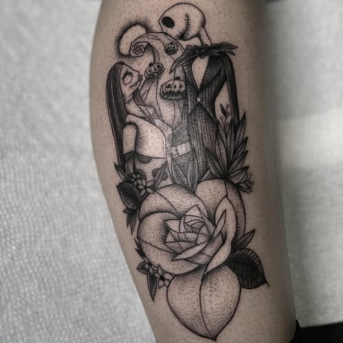 A black and grey tattoo of characters from The Nightmare Before Christmas with a rose on the leg, featuring blackwork and dotwork styles — by Maddie Ramirez, los angeles