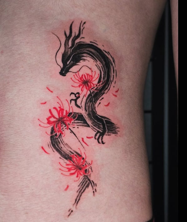 A bold Japanese-style dragon with red flowers on the rib, featuring a watercolor effect in black and red ink — by Miguel ANGELO, temecula, ca