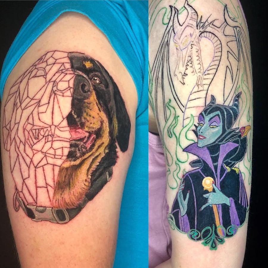 A colorful illustrative tattoo featuring a dog and Maleficent with a dragon on the upper arm — by Sandra Price, los angeles