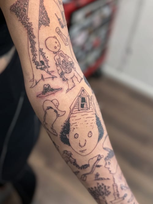 A whimsical fine line tattoo sleeve featuring Shel Silverstein characters on the forearm — by Maddie Ramirez, los angeles
