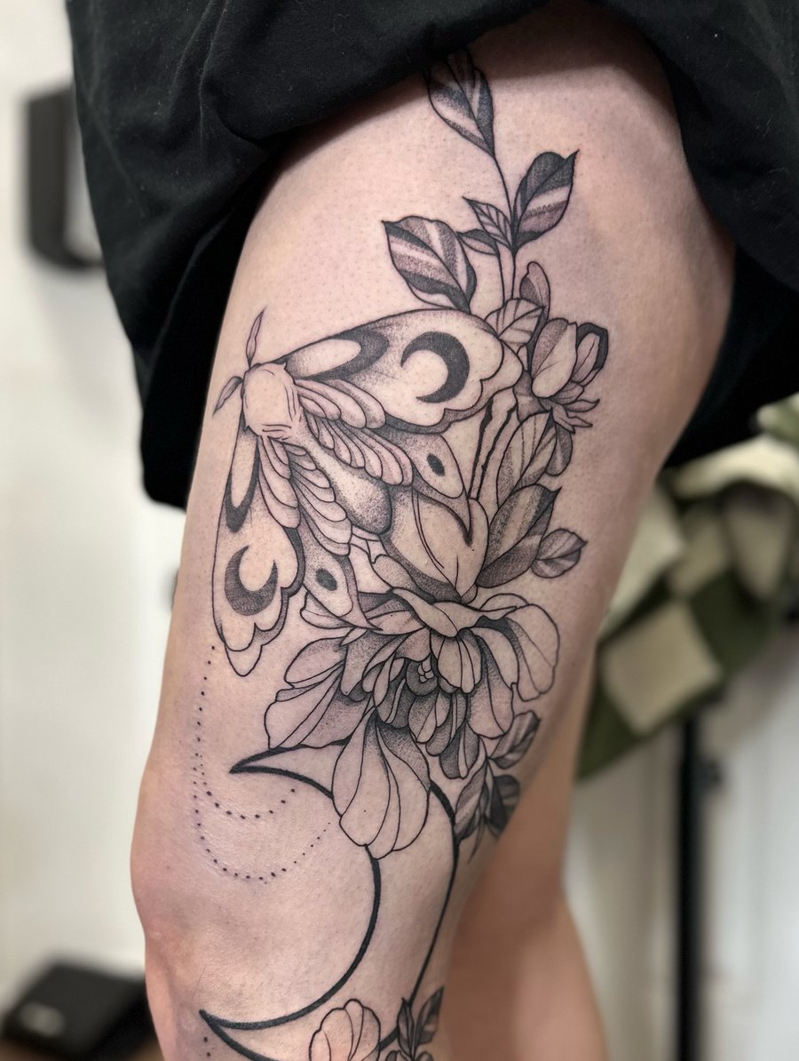 A delicate black and grey moth and floral design with a crescent moon on the thigh, featuring fine line and dotwork details — by Maddie Ramirez, los angeles
