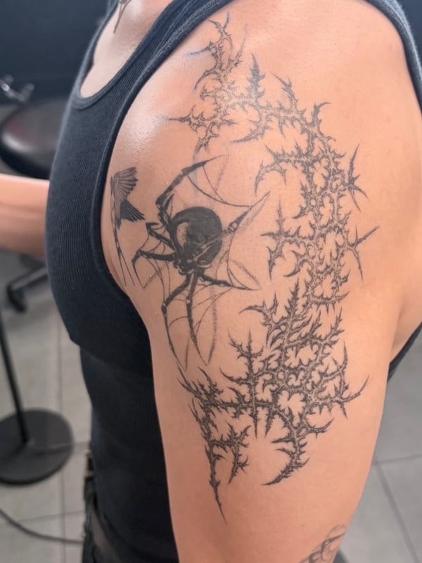 A black and grey spider tattoo with an abstract web design on the upper arm, featuring bold blackwork and illustrative style — by Hannah , fountain valley, ca