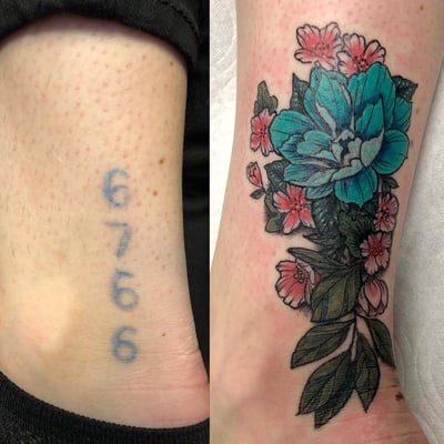 A colorful neo-traditional floral bouquet tattoo on the ankle, featuring bold blue and pink flowers with green leaves — by Sandra Price, los angeles