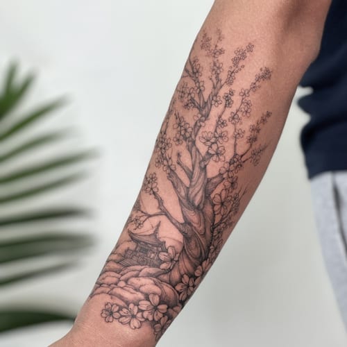 A delicate black and grey cherry blossom tree with a pagoda on the forearm, featuring fine line details and an ornate style — by Melanie Benoit, los angeles