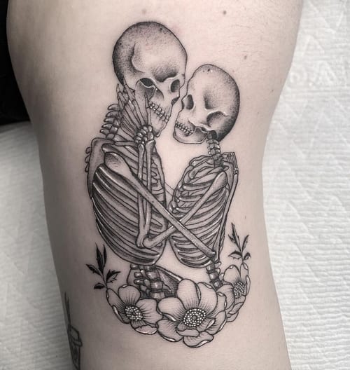 black & grey two skeletons embracing tattoo — by Vince Espinoza, los angeles