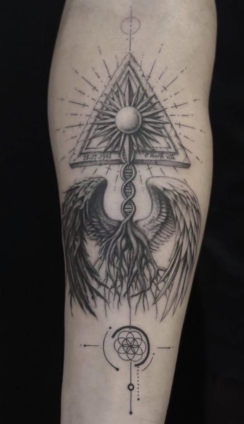 A black and grey geometric tattoo on the forearm featuring a triangle with a sun, DNA helix, and wings, incorporating sacred geometry and dotwork elements — by Jian Liang, los angeles