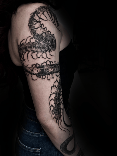 A black and grey linework tattoo of a snake wrapping around the arm with intricate detailing and bold lines — by zitronxus, los angeles