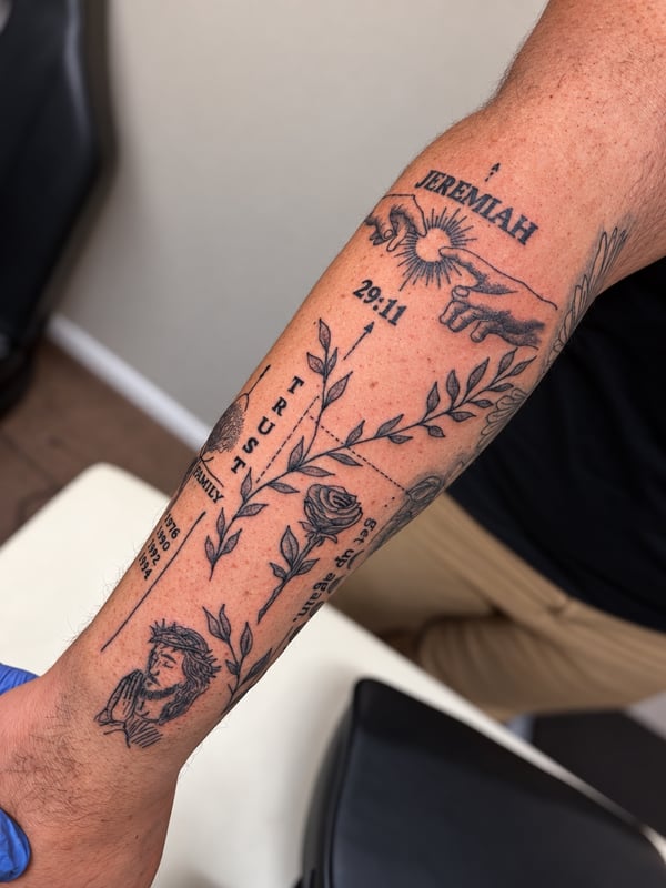 A black and grey religious tattoo on the forearm featuring Jesus Christ, script, and a rose — by HEAVY INK, chino, ca