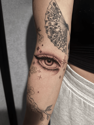 black & grey eye with decorative elements tattoo — by Shelby Bianco, los angeles