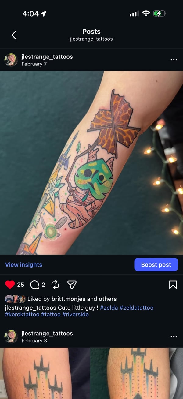 A colorful illustrative tattoo on the forearm featuring a sword and a leaf with vibrant colors and bold outlines — by Jessica Linden, riverside, ca