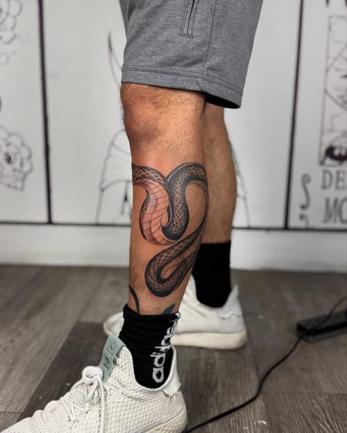 A bold blackwork snake tattoo wrapped around the calf with intricate scale details — by zealous, los angeles