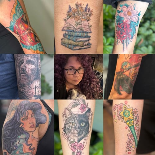 A mixed color and black and grey cat portrait on the forearm, surrounded by delicate flowers in an illustrative style — by Sandra Price, los angeles